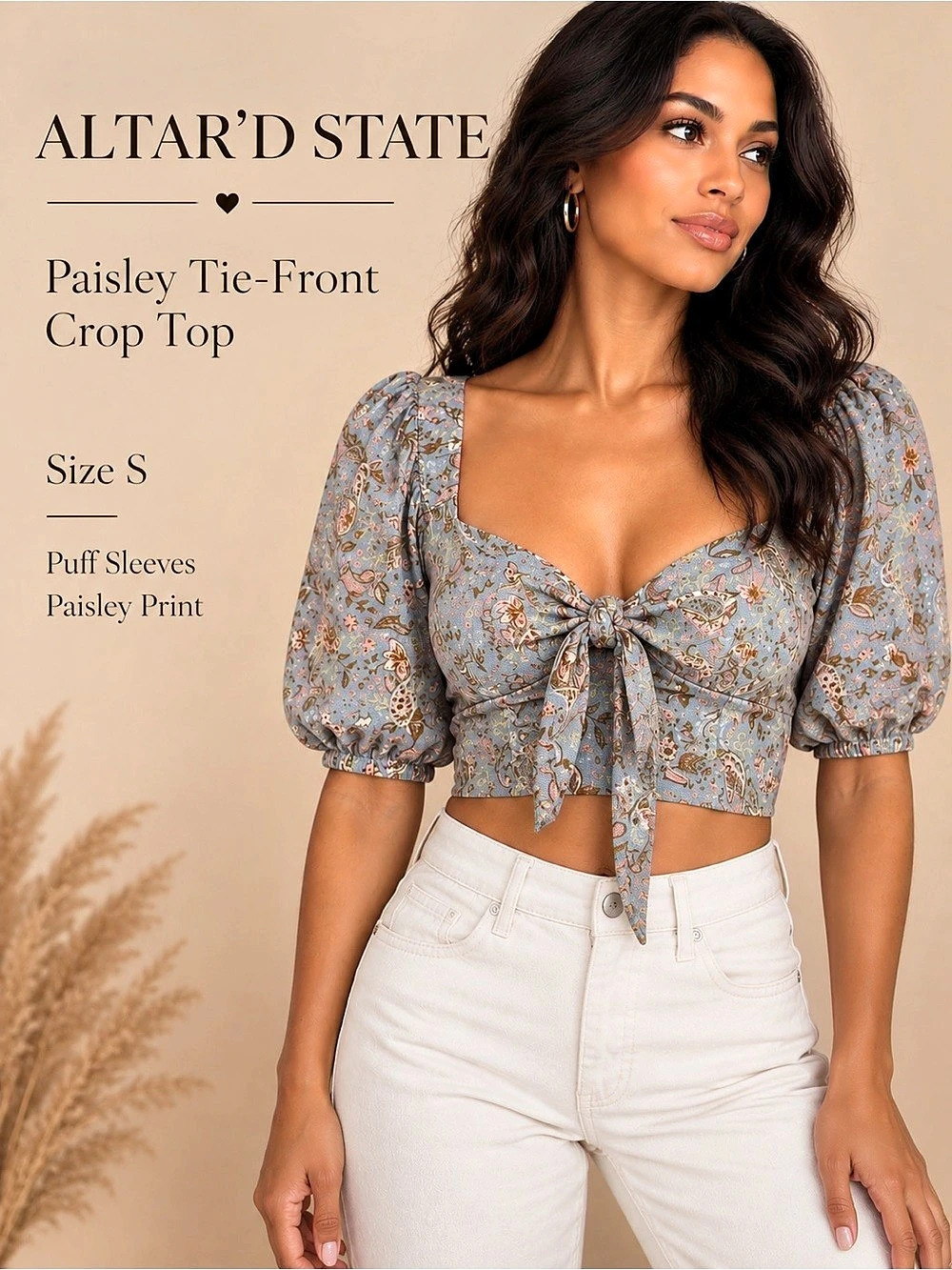 Altar’d State Blue Paisley Tie Front Puff Sleeve Crop Top S